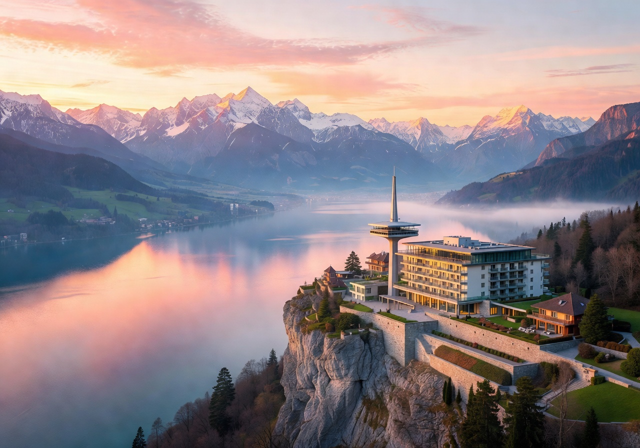 Bürgenstock Resort overlooking Lake Lucerne and Swiss Alps at sunrise
