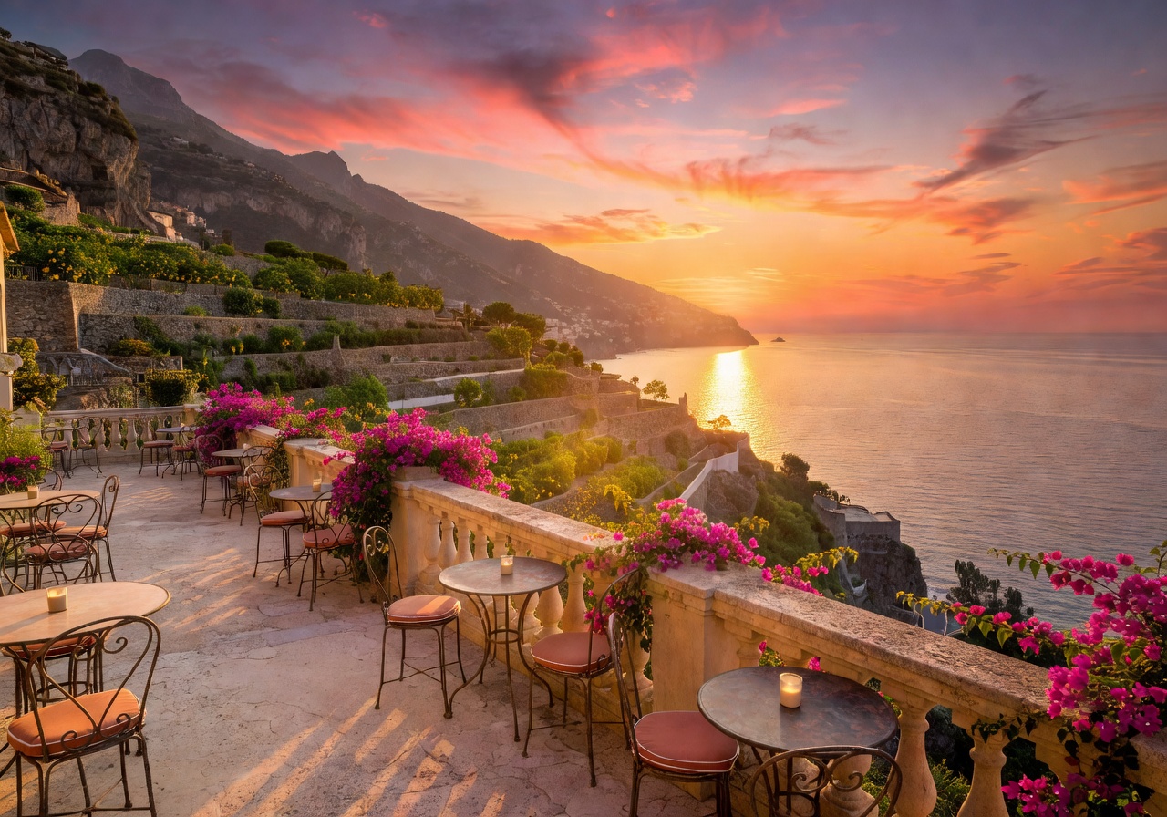 Belmond Hotel Caruso terrace above the Amalfi Coast at sunset