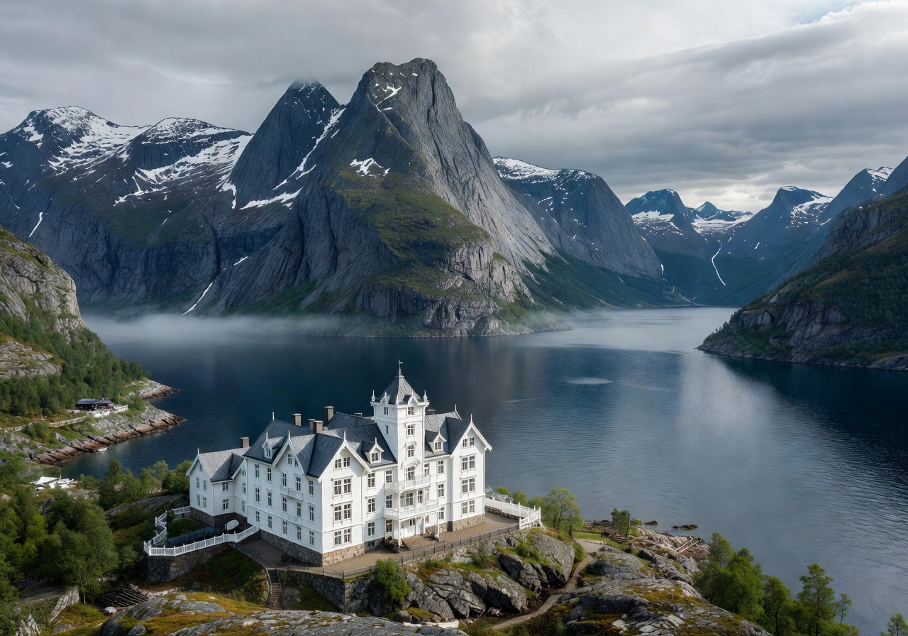 Hotel Union Øye surrounded by Norwegian fjords and mountain peaks