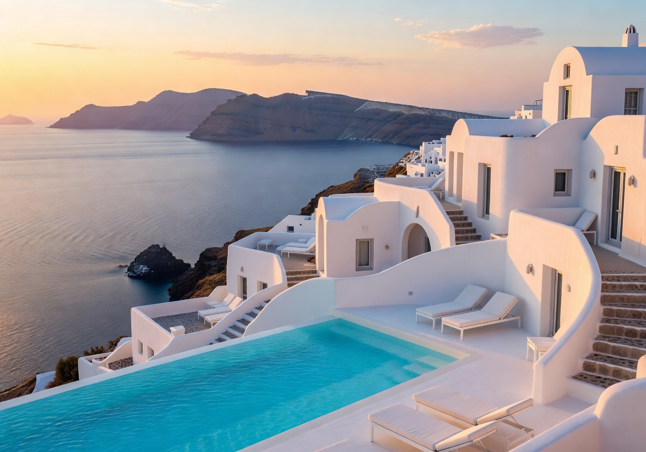 Katikies Hotel in Santorini with white architecture and caldera sea views